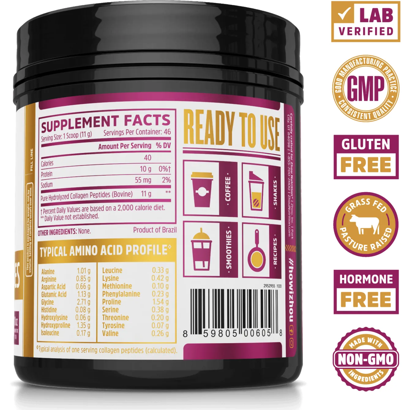 Collagen Peptides 18 oz By ZHOU Nutrition