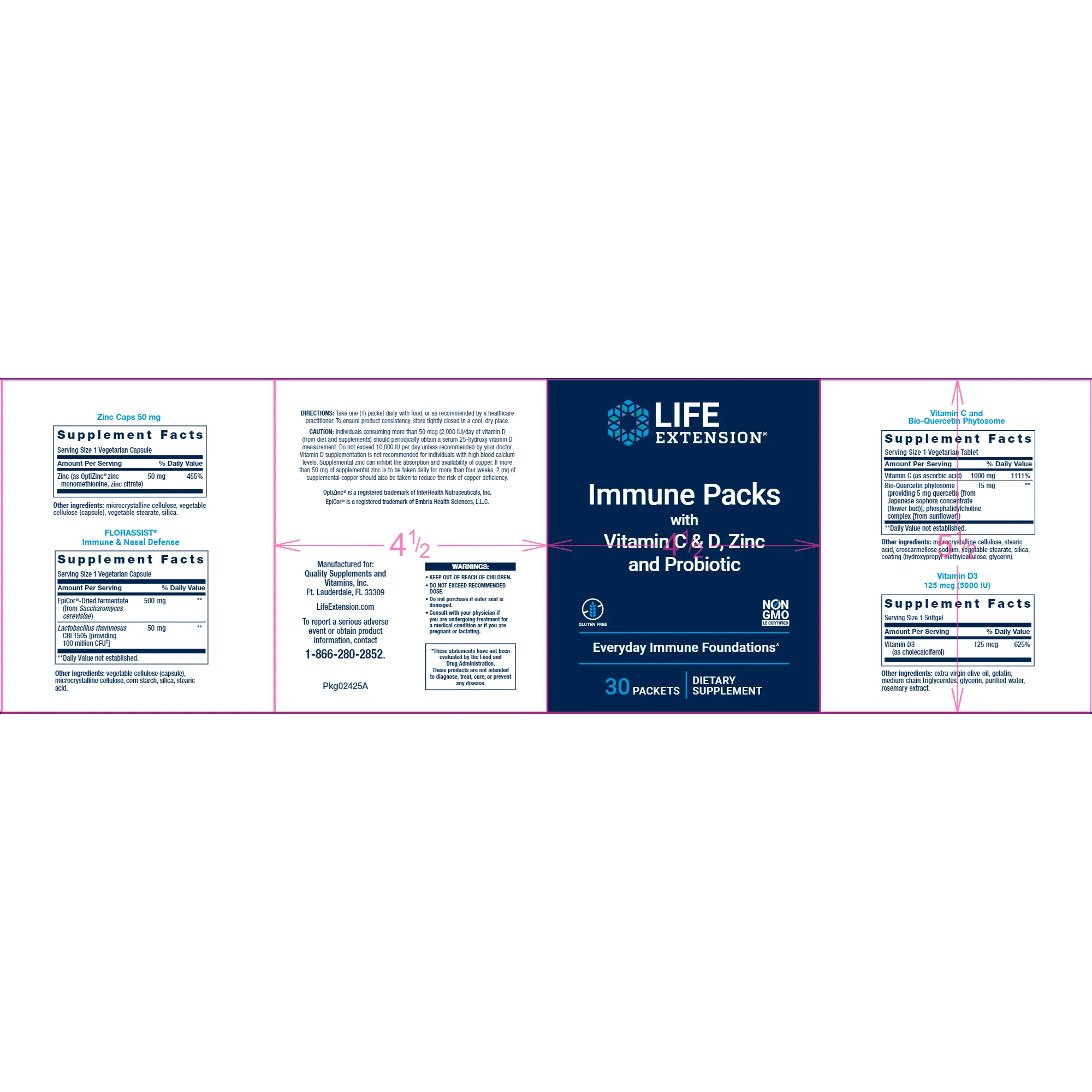 Immune Packs with Vitamin C & D. Zinc & Probiotic 30 Packets by Life Extension