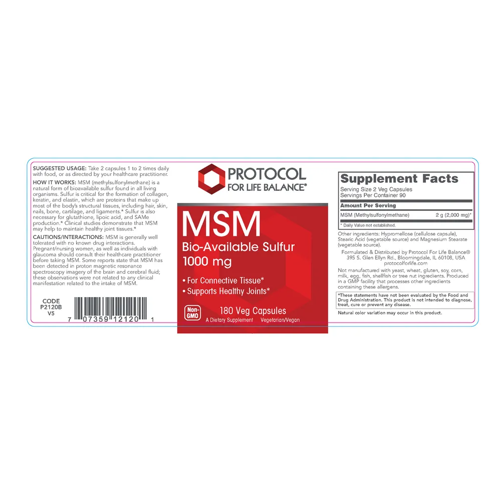 MSM 1000 mg 180 caps by Protocol For Life Balance